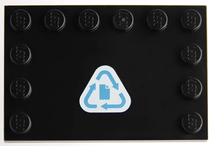 Tile, Modified 4 x 6 with Studs on Edges with Dark Azure Recycling Arrows and Paper on White Background Pattern