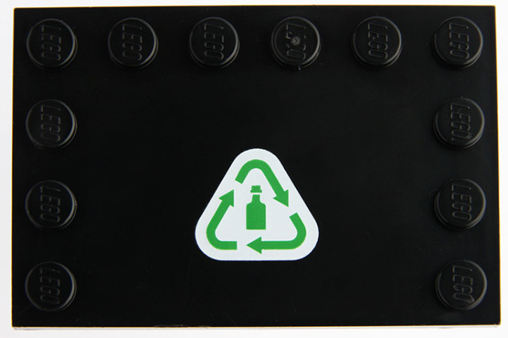 Tile, Modified 4 x 6 with Studs on Edges with Green Recycling Arrows and Bottle on White Background Pattern