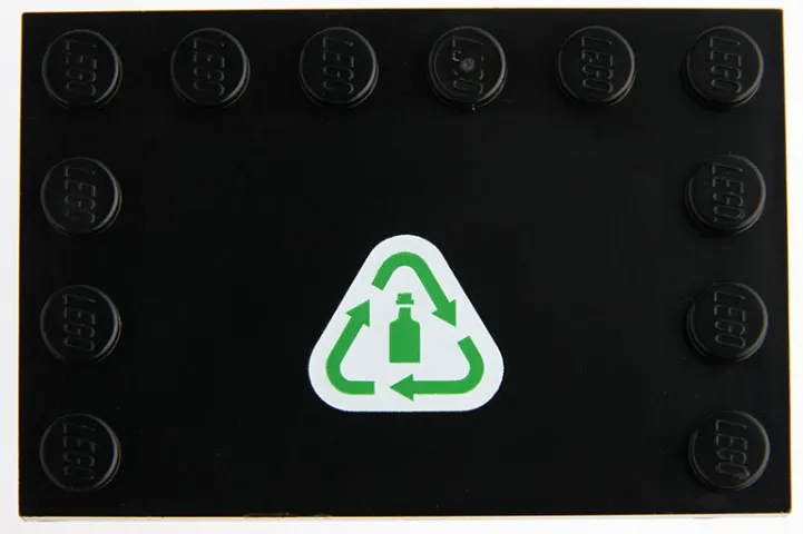 Tile, Modified 4 x 6 with Studs on Edges with Green Recycling Arrows and Bottle on White Background Pattern