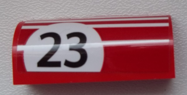 Slope, Curved 1 x 4 x 1 1/3 with Black '23' on White Background Pattern Model Left Side (Sticker) - Set 75876