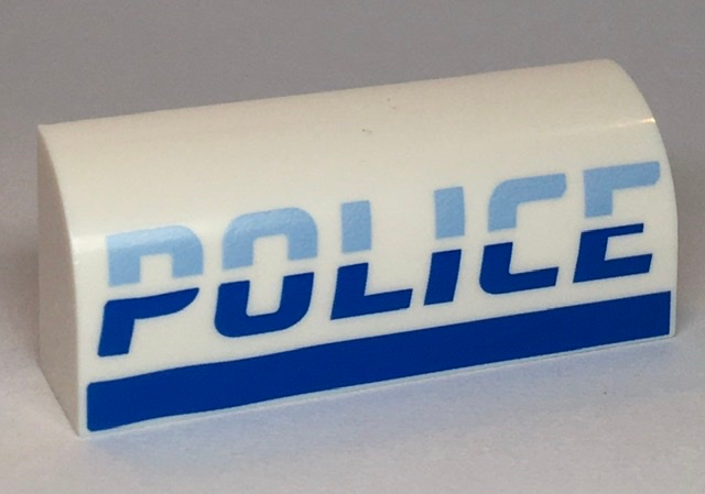 Slope, Curved 1 x 4 x 1 1/3 with Bright Light Blue and Blue 'POLICE' Pattern