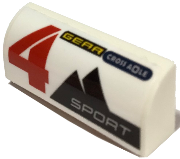 Slope, Curved 1 x 4 x 1 1/3 with Red Number 4, 'CROSS AXLE', 'GEAR', 'SPORT' and Mountains Pattern Model Left Side (Sticker) - Set 60256