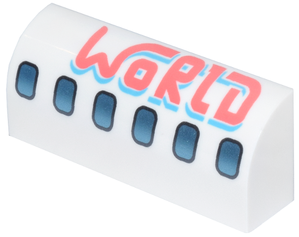 Slope, Curved 1 x 4 x 1 1/3 with Dark Silver and Metallic Light Blue Airplane Windows, Coral and Medium Azure 'WORLD' Pattern