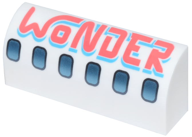 Slope, Curved 1 x 4 x 1 1/3 with Dark Silver and Metallic Light Blue Airplane Windows, Coral and Medium Azure 'WONDER' Pattern