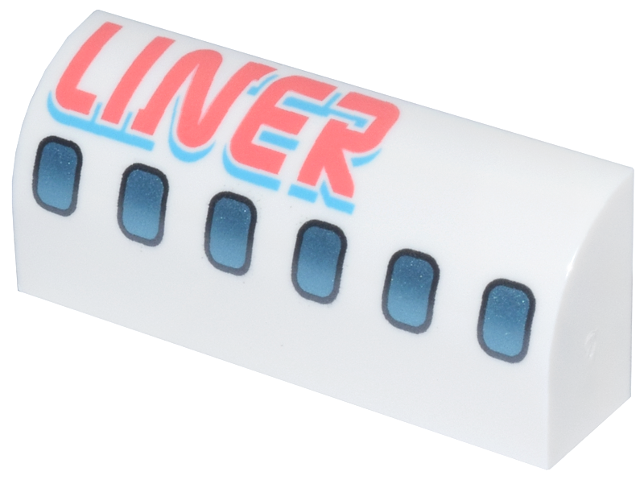 Slope, Curved 1 x 4 x 1 1/3 with Dark Silver and Metallic Light Blue Airplane Windows, Coral and Medium Azure 'LINER' Pattern
