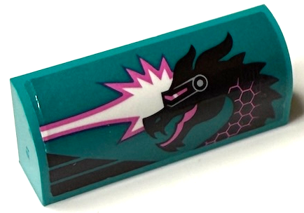 Slope, Curved 1 x 4 x 1 1/3 with Black Dragon Head with Visor and White and Dark Pink Flames Pattern Model Left Side (Sticker) - Set 60389
