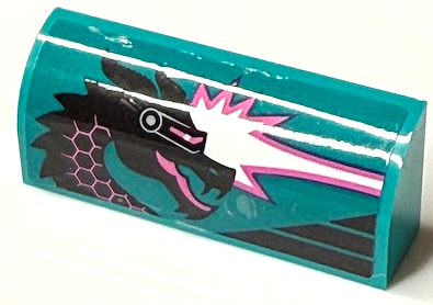 Slope, Curved 1 x 4 x 1 1/3 with Black Dragon Head with Visor and White and Dark Pink Flames Pattern Model Right Side (Sticker) - Set 60389
