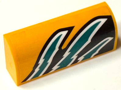 Slope, Curved 1 x 4 x 1 1/3 with White and Dark Turquoise Flames on Black Background Pattern Model Left Side (Sticker) - Set 60389