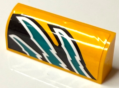 Slope, Curved 1 x 4 x 1 1/3 with White and Dark Turquoise Flames on Black Background Pattern Model Right Side (Sticker) - Set 60389