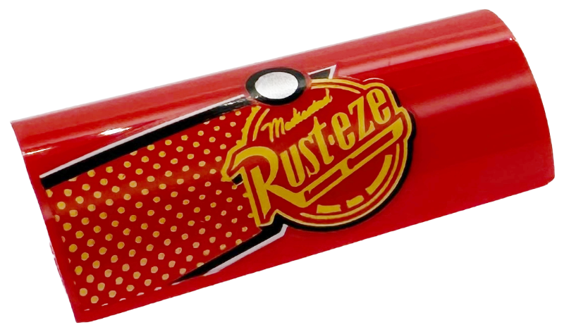 Slope, Curved 2 x 4 Double with Groove with Bright Light Orange 'Rust-eze' Logo, Dots, Black and White Stripes and Silver Fuel Filler Cap Pattern Model Left Side