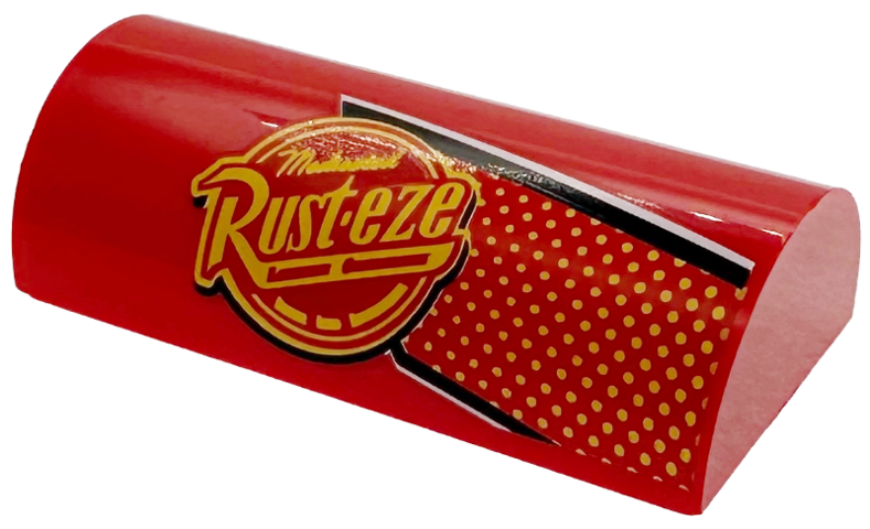 Slope, Curved 2 x 4 Double with Groove with Bright Light Orange 'Rust-eze' Logo, Dots and Black and White Stripes Pattern Model Right Side