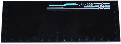 Tile, Modified 6 x 16 with Studs on Edges with Silver and Medium Azure Lines Pattern, 'UAM/003' and Ultra Agents Logo Pattern Model Left Side (Sticker) - Set 70173
