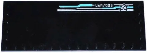 Tile, Modified 6 x 16 with Studs on Edges with Silver and Medium Azure Lines Pattern, 'UAM/003' and Ultra Agents Logo Pattern Model Left Side (Sticker) - Set 70173