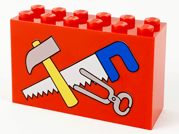 Brick 2 x 6 x 3 with Hammer, Tongs and Saw with Blue Handle Pattern