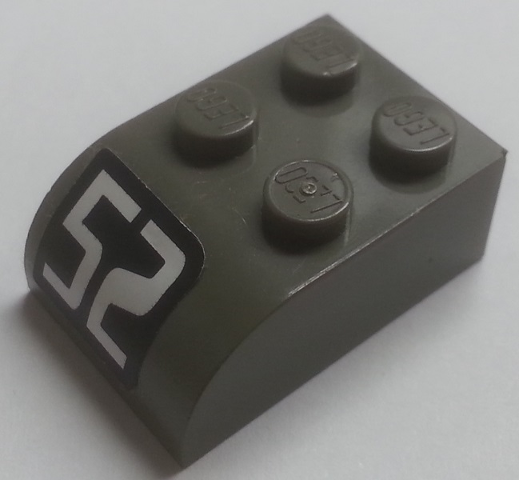 Slope, Curved 3 x 2 with 4 Studs with White '52' on Black Background Pattern (Sticker) - Set 4589