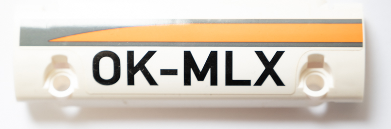 Technic, Panel Curved 11 x 3 with Black 'OK-MLX' and Dark Bluish Gray and Orange Stripes Pattern Model Left Side (Sticker) - Set 42052