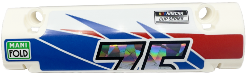 Technic, Panel Curved 11 x 3 with 2 Pin Holes through Panel Surface with Partial Holographic Number 75 Top Half, 'NASCAR CUP SERIES' and 'MANI FOLD' on Blue and Red Stripes Pattern Model Right Side (Sticker) - Set 42153