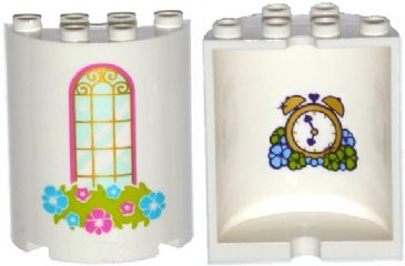 Cylinder Half 2 x 4 x 4 with Window and Flower Box Pattern with Alarm Clock and Flowers on Inside Pattern (Sticker) - Set 41142