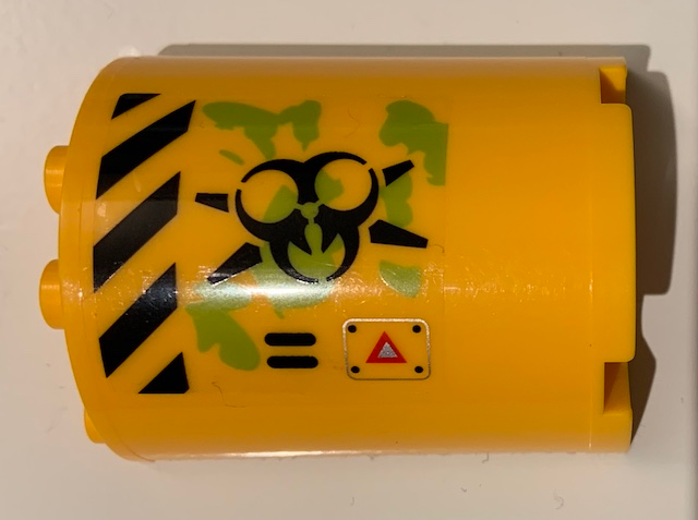 Cylinder Half 2 x 4 x 4 with Caution Triangle, Danger Stripes, Black Biohazard Symbol, Ooze and Vents Pattern Model Left Side (Sticker) - Set 70163