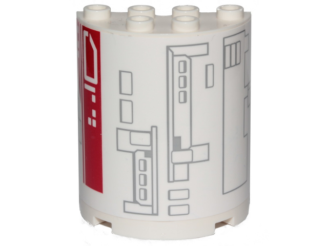 Cylinder Half 2 x 4 x 4 with Light Bluish Gray and Red Mechanical Rectangles on White Background Pattern Model Left Side (Sticker) - Set 75249