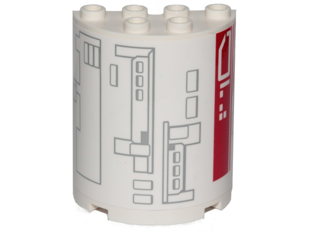 Cylinder Half 2 x 4 x 4 with Light Bluish Gray and Red Mechanical Rectangles on White Background Pattern Model Right Side (Sticker) - Set 75249