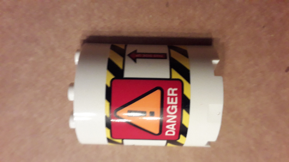 Cylinder Half 2 x 4 x 4 with Orange Danger Sign, Black and Yellow Stripes, Red Arrows and 'DANGER' Pattern (Sticker) - Set 42079
