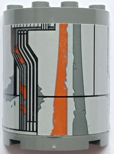Cylinder Half 2 x 4 x 4 with Light Bluish Gray Hull Plates, Black Lines, Pipes, Oil Stains and Dark Orange Rust Marks Pattern Model Left Side (Sticker) - Set 75178