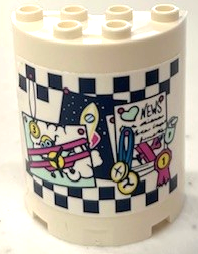 Cylinder Half 2 x 4 x 4 with Bulletin Board with Airplane Photo, Rocket Poster, 'NEWS', Medals, Award Ribbon and Padlock on Dark Blue Checkered Background Pattern (Sticker) - Set 41343