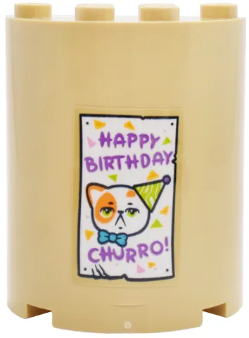 Cylinder Half 2 x 4 x 4 with White Sign with Cat, Party Hat, Triangle Confetti and Medium Lavender 'HAPPY BIRTHDAY CHURRO!' Pattern (Sticker) - Set 42666
