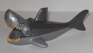 Shark Large with Gills with Gold Teeth, Pearl Dark Gray Dorsal Side, Medium Lavender Eyes, Armor Plates with Rivets, and White '115' Pattern (Sharkanator)