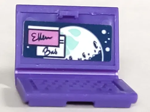 Minifigure, Utensil Computer Laptop with Screen with Script 'Ellen' and 'Bas', White and Light Aqua Moon and Stars Pattern (Sticker) - Set 41395