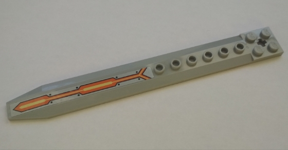 Plate, Modified 2 x 16 with Angled Side Extensions and Axle Hole (Rotor Blade) with Orange and Yellow Stripe Pattern (Sticker) - Set 70327