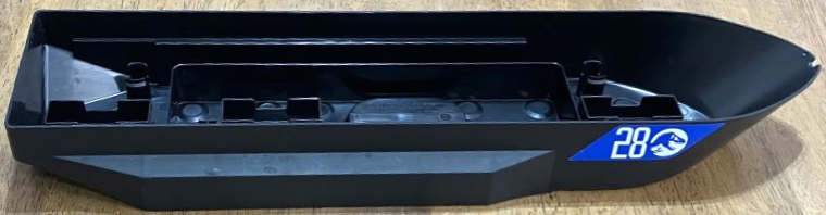 Boat, Hull Unitary 51 x 12 x 6 with Side Bulges, Base with Silver '28' and Jurassic World Logo on Blue Background Pattern on Both Sides and Back (Stickers) - Set 76942