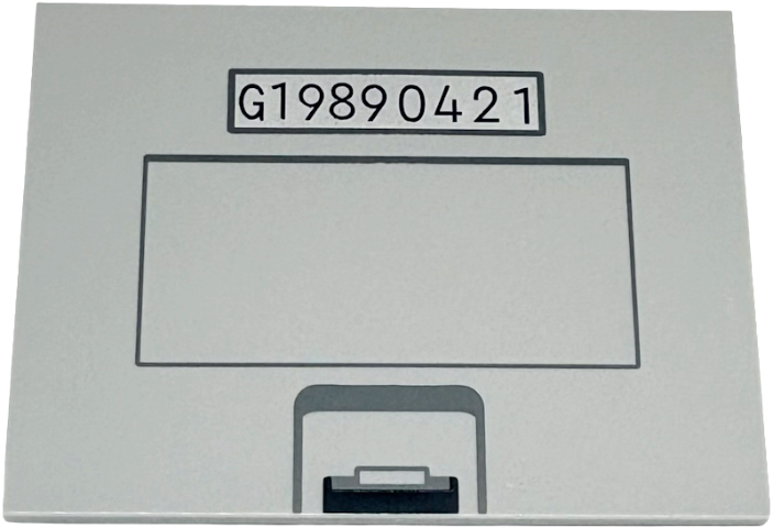 Tile 6 x 8 with Dark Bluish Gray and Black Catch, Rectangle, and Dark Blue 'G19890421' on Silver Background Pattern