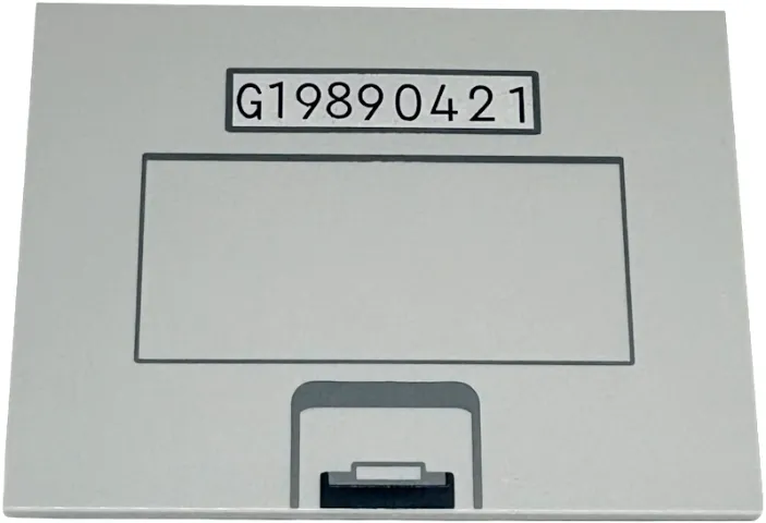 Tile 6 x 8 with Dark Bluish Gray and Black Catch, Rectangle, and Dark Blue 'G19890421' on Silver Background Pattern