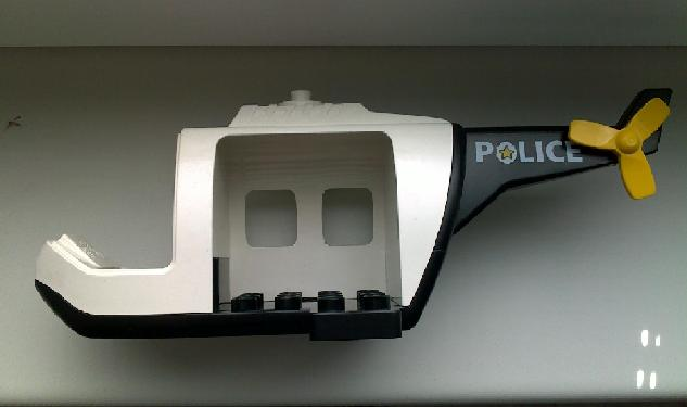 Duplo Helicopter Body Large with Black Base, Black Tail, Yellow Tail Rotor and White 'POLICE' Pattern
