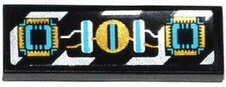 Tile 1 x 3 with Gold, Silver and Medium Azure Circuitry and Microchips over Silver Danger Stripes Pattern (Sticker) - Set 70167