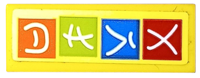 Tile 1 x 3 with White Ninjago Logogram 'ARLO' on Red, Blue, Lime, and Orange Squares Pattern (Sticker) - Set 70607