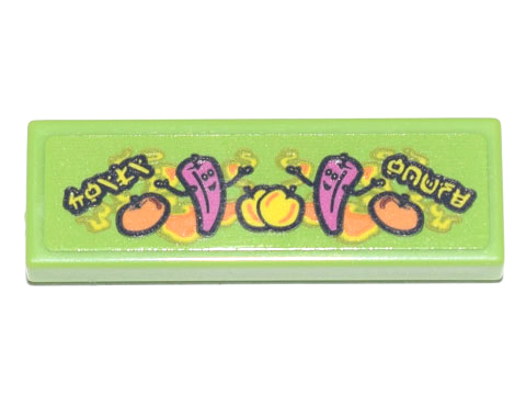 Tile 1 x 3 with Ninjago Logogram 'CHILI HOUSE', Magenta Chilies, Yellow and Orange Fruit, and Flames Background Pattern (Sticker) - Set 71741