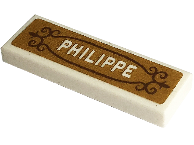 Tile 1 x 3 with White 'PHILIPPE' on Gold Background Pattern (Sticker) - Set 43195