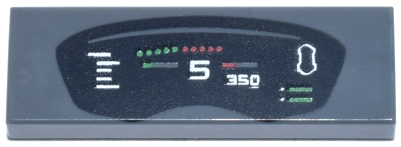 Tile 1 x 3 with Black Dashboard Display with Red and Green Lights and Gauges, White Number 5 and '350' Pattern