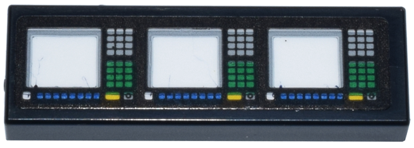 Tile 1 x 3 with Control Panel with White Screens, Light Bluish Gray, Green, and Blue Buttons, Lights, and Gauges Pattern (Sticker) - Set 42146