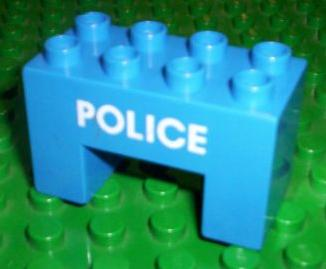 Duplo, Brick 2 x 4 x 2 with 2 x 2 Cutout on Bottom with Police Text Pattern