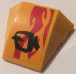 Wedge 4 x 3 Triple Curved No Studs with Red Flame and Black Asian Character on Bright Light Orange Background Pattern Model Right Side (Sticker) - Set 70638