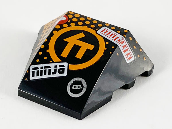 Wedge 4 x 3 Triple Curved No Studs with Orange Ninjago C Symbol in Circle, Orange Dots, 'ninja' and 'ninjago' Pattern