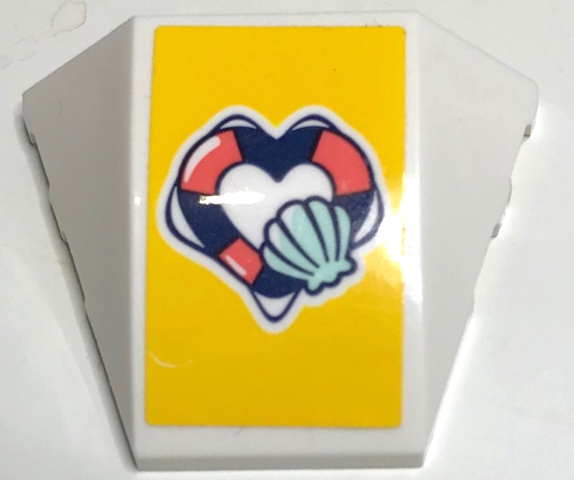 Wedge 4 x 3 Triple Curved No Studs with Dark Blue and Coral Heart Shape Life Preserver and Light Aqua Shell on Yellow Background Pattern (Sticker) - Set 41380