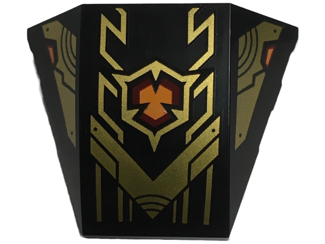 Wedge 4 x 3 Triple Curved No Studs with Gold Armor Plates, Geometric Lines and Dark Red and Orange Emblem Pattern