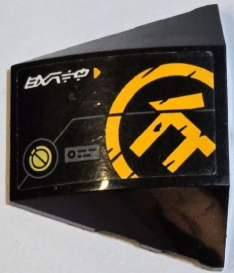 Wedge 4 x 3 Triple Curved No Studs with Gold Armor Plate, Bright Light Orange Ninjago Logogram Letter C in Circle and White 'EARTH' Pattern Model Left Side (Sticker) - Set 71756