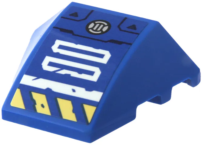 Wedge 4 x 3 Triple Curved No Studs with White Rectangles and Stripe, Bright Light Yellow Danger Stripes, Silver Circle and Dark Blue Armor Outline Pattern Model Right Side (Sticker) - Set 71785