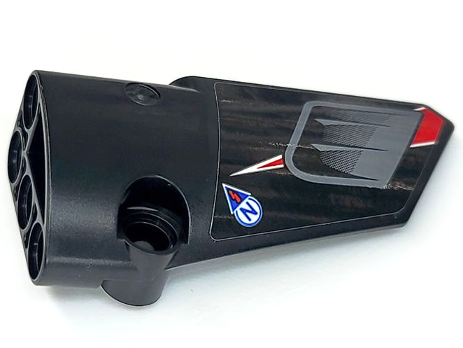 Technic, Panel Fairing # 4 Small Smooth Long, Side B with Dark Bluish Gray Air Vent, Blue Letter N and Warning Triangle Pattern (Sticker) - Set 42109